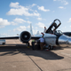 A WB-57F jet at NASA’s Johnson Space Center in Houston. The telescopes that will be used during the solar eclipse are beneath the silver casing on the jet’s nose.